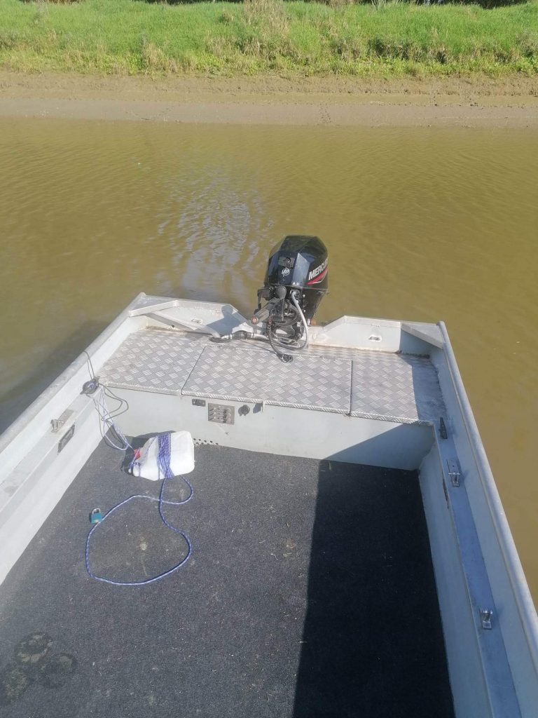 Interior of a small aluminum fishing boat used on the Drava and Danube rivers