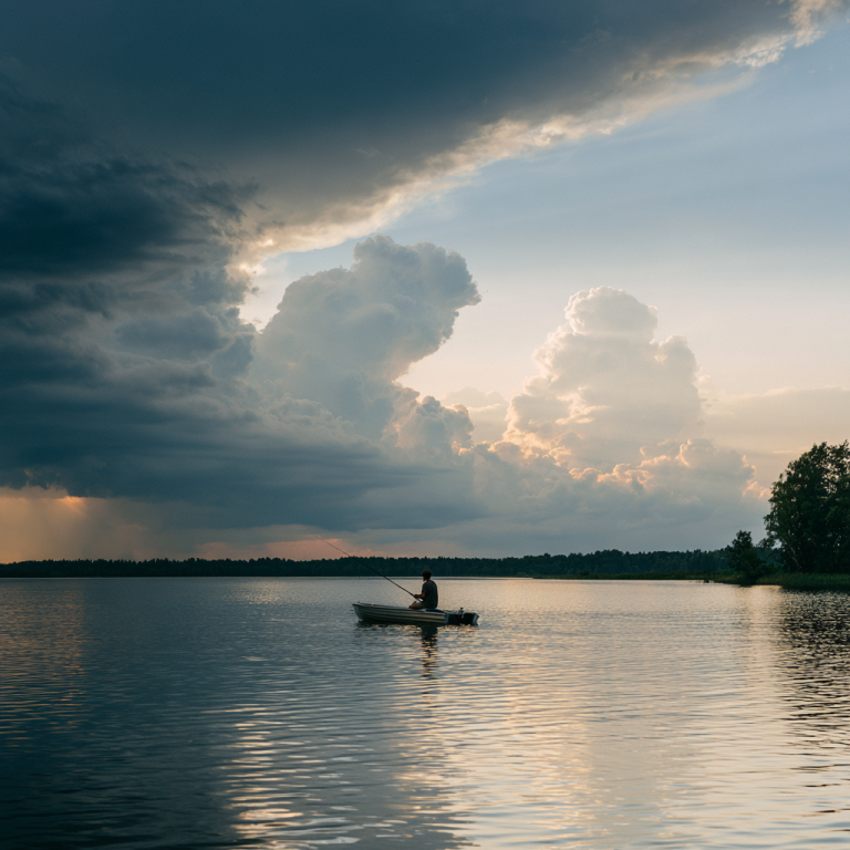 Angler fishing beneath an approaching weather front illustrating the best barometric pressure for fishing conditions.