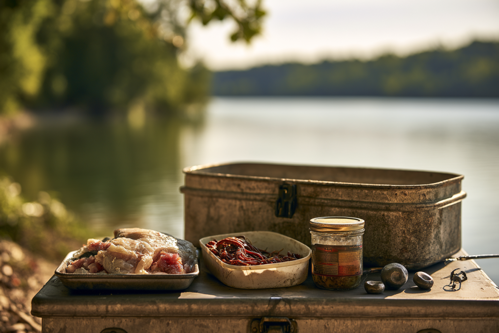 Cut bait, nightcrawlers and prepared bait laid out for catfish fishing