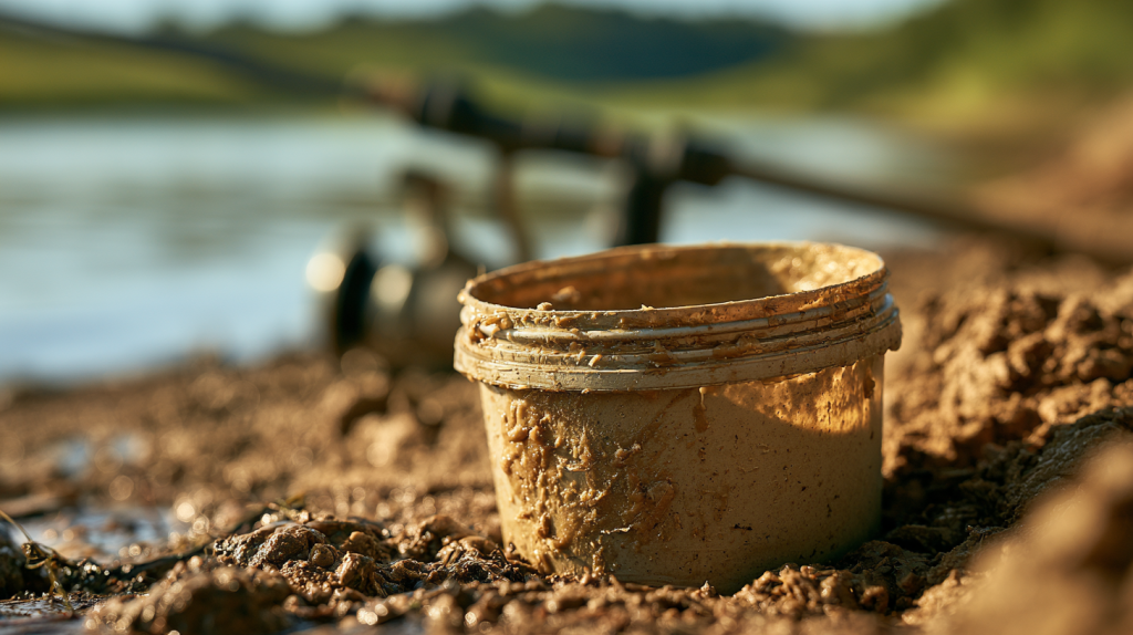 Catfishing with stink bait in an open tub beside a fishing rod on a riverbank.