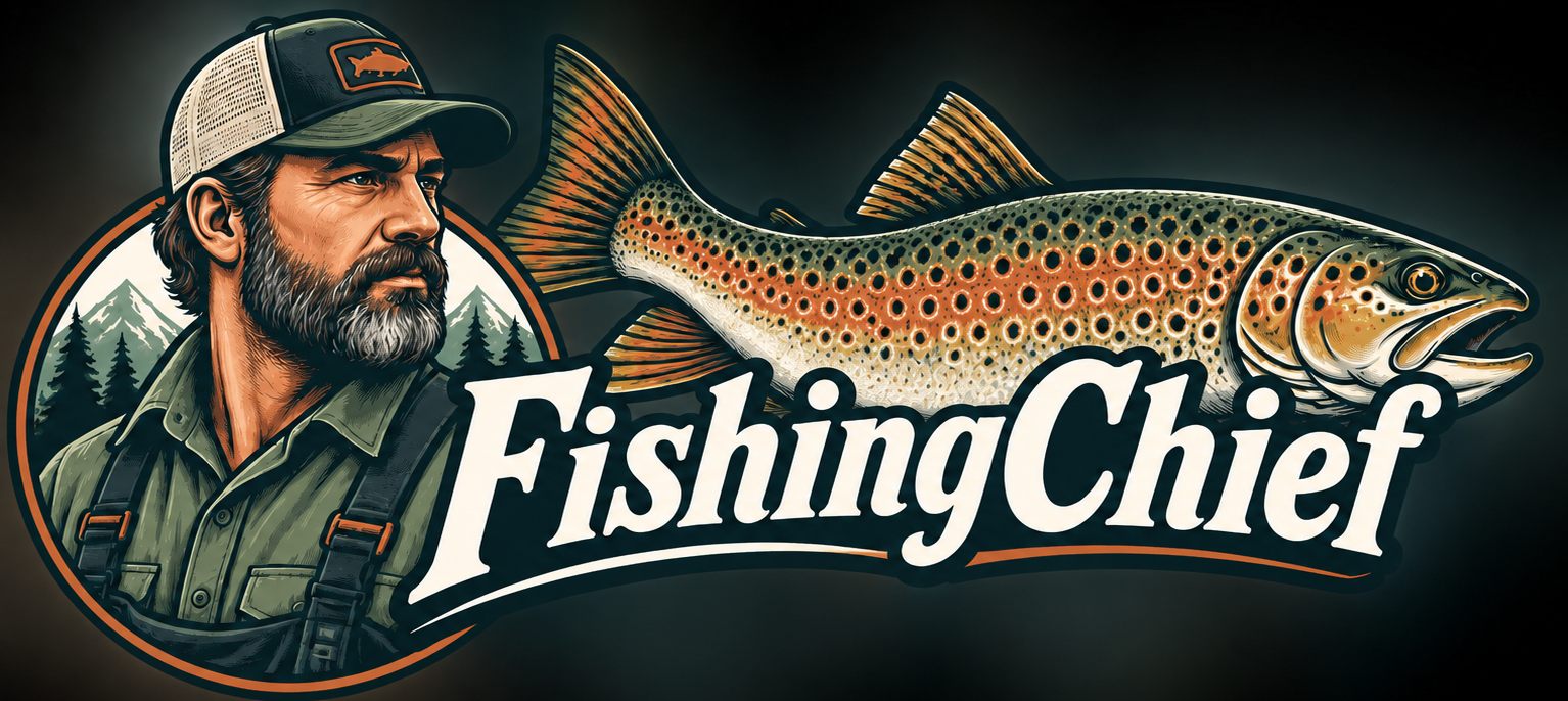 Horizontal logo for fishing chief, displaying "The" Cheif, "The" Boss, man who knows his business when it comes to fishing. Alongside the chief is a nice trout.