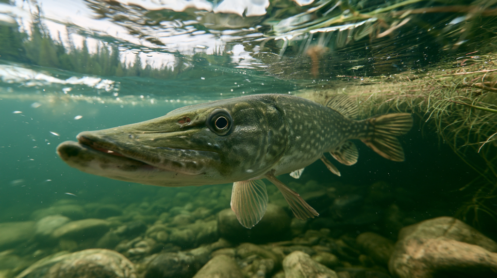 Northern pike swimming beside aquatic weeds in clear freshwater.