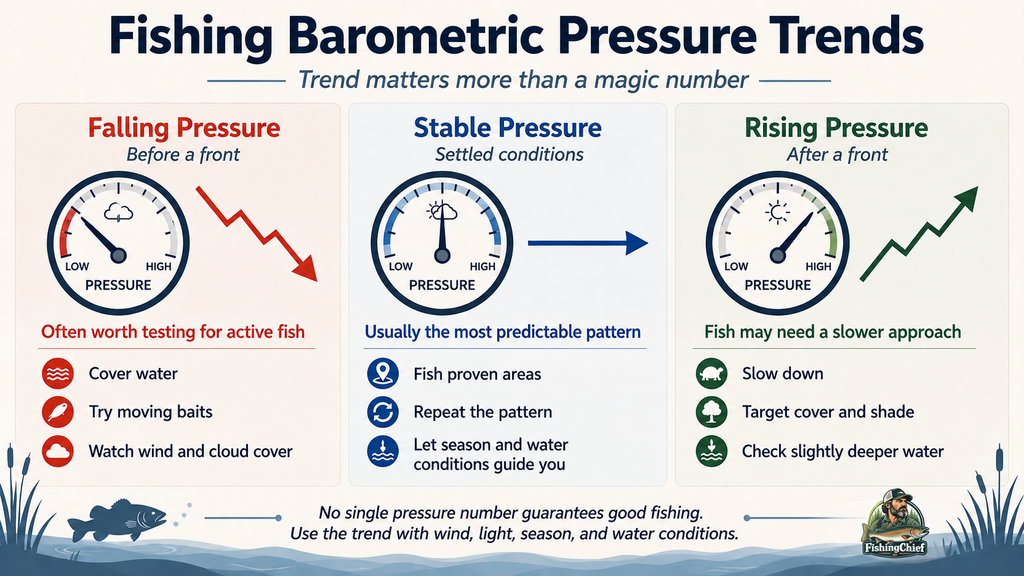 Fishing barometric pressure chart comparing falling, stable and rising pressure trends.