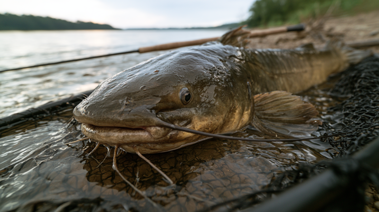 Channel catfish in a landing net at the edge of a river