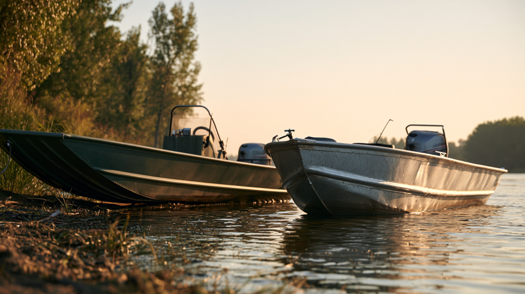 Flat-bottom and V-hull fishing boats beside a riverbank