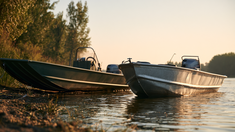 Flat-bottom and V-hull fishing boats beside a riverbank
