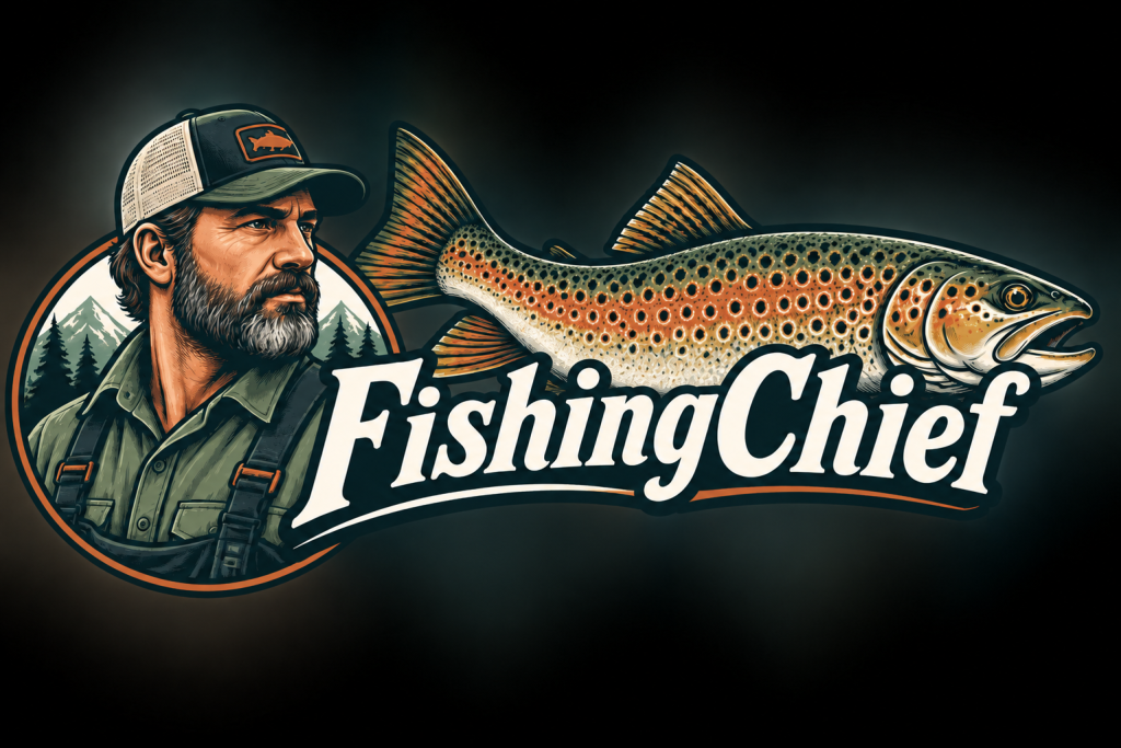 Horizontal logo for fishing chief, displaying "The" Cheif, "The" Boss, man who knows his business when it comes to fishing. Alongside the chief is a nice trout.
