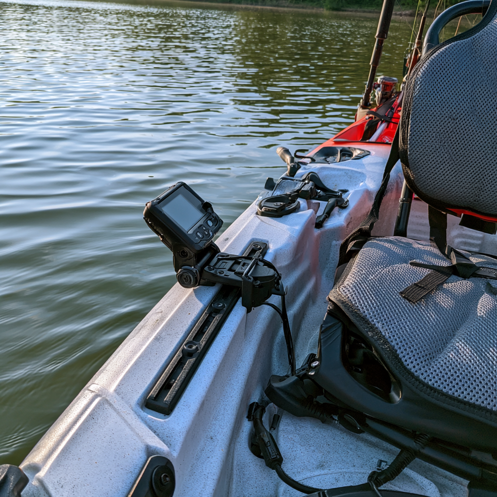 ish finder mounted on an accessory track beside a fishing kayak seat