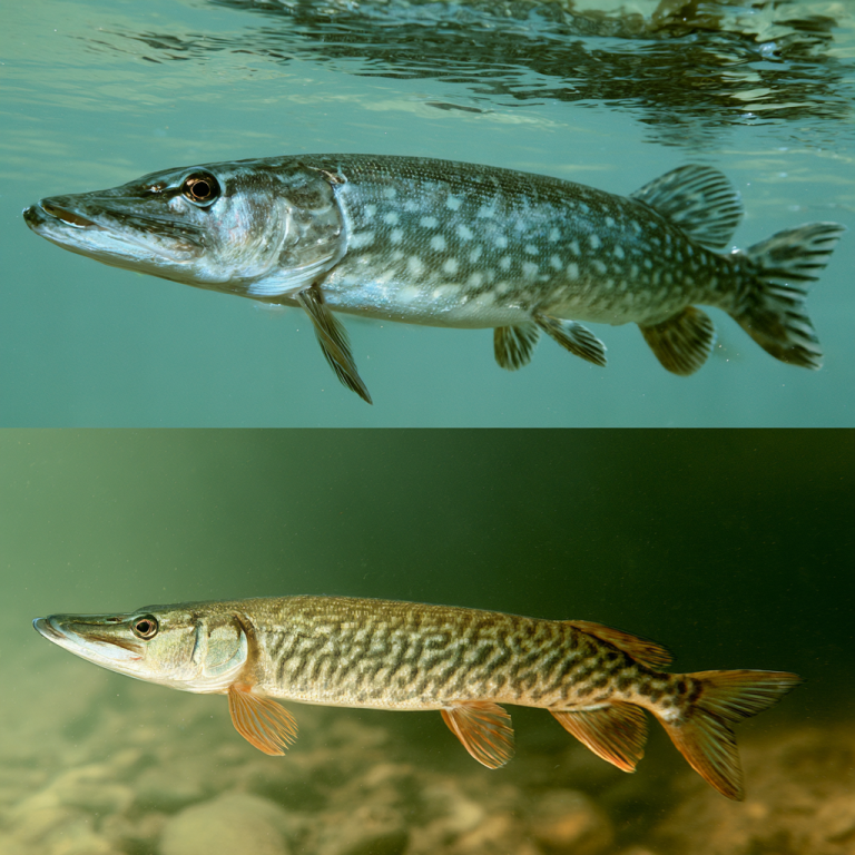Pickerel vs pike comparison showing a chain pickerel and northern pike