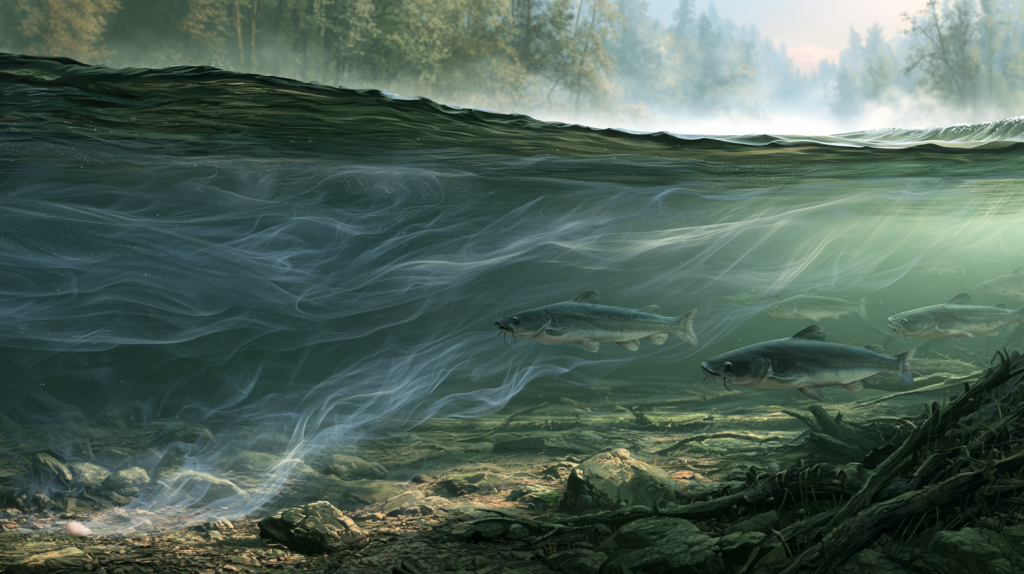 Stink bait scent trail moving through river current toward catfish