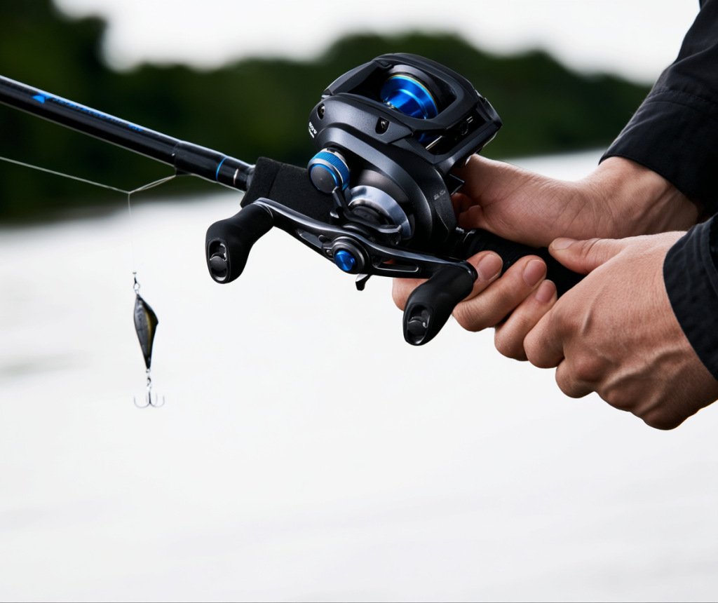 Baitcasting rod and spinner lure ready for catfish fishing