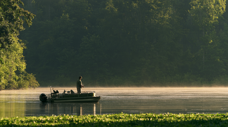 Bass fishing from pontoon boat beside a weed edge on a freshwater lake