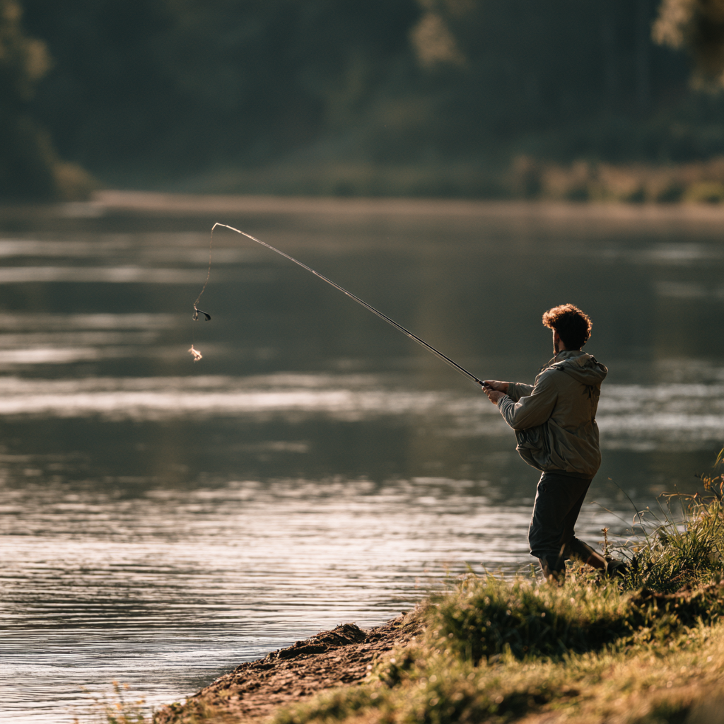 Angler casting a heavy catfish rig from a riverbank