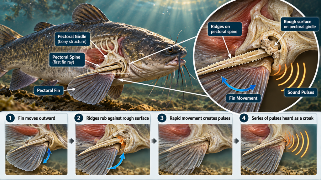 Diagram showing how a catfish pectoral spine and girdle produce sound