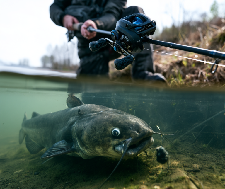 Angler holding a large catfish after a successful fishing session