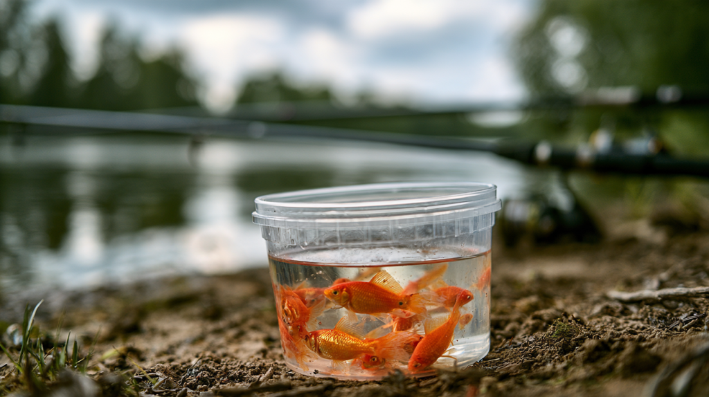 Catfishing with goldfish using live bait beside a riverbank