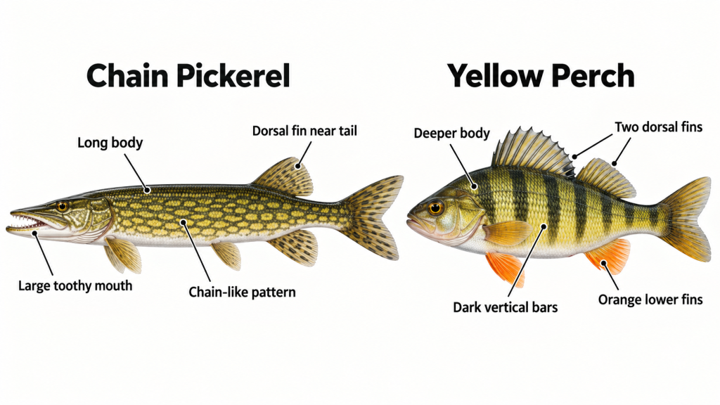 Chain pickerel vs yellow perch identification differences