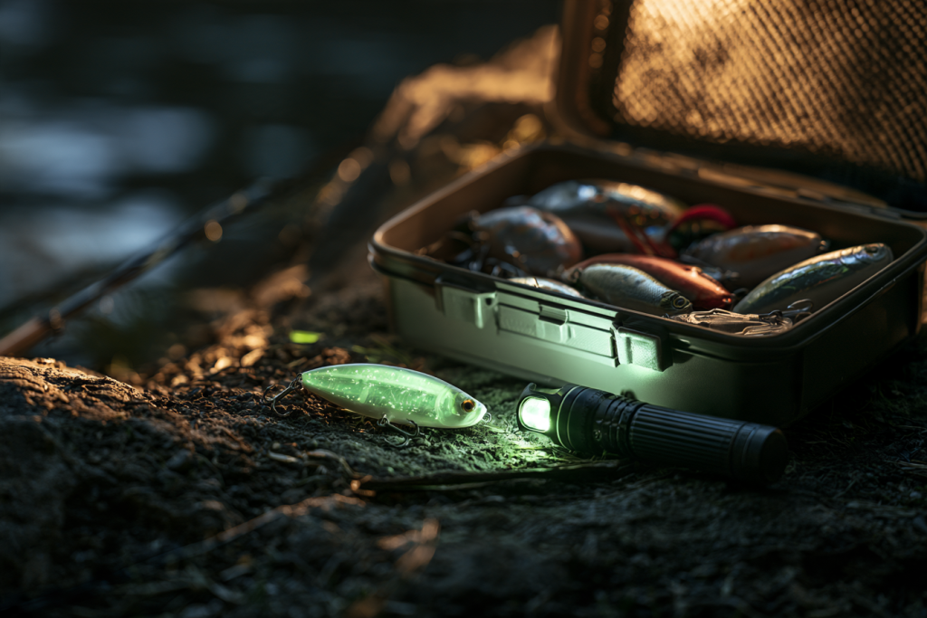 Glow fishing lure being charged beside a flashlight at night