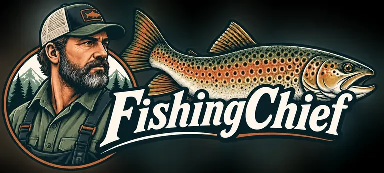 Horizontal logo for fishing chief, displaying "The" Cheif, "The" Boss, man who knows his business when it comes to fishing. Alongside the chief is a nice trout.