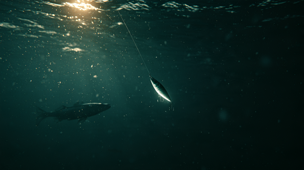 Glow fishing lure underwater with a fish approaching in low light