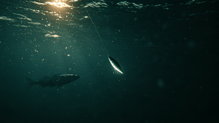 Glow fishing lure underwater with a fish approaching in low light