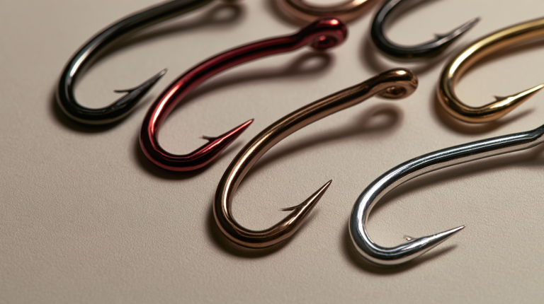 Fishing hook color comparison showing black, red, gold and silver hooks