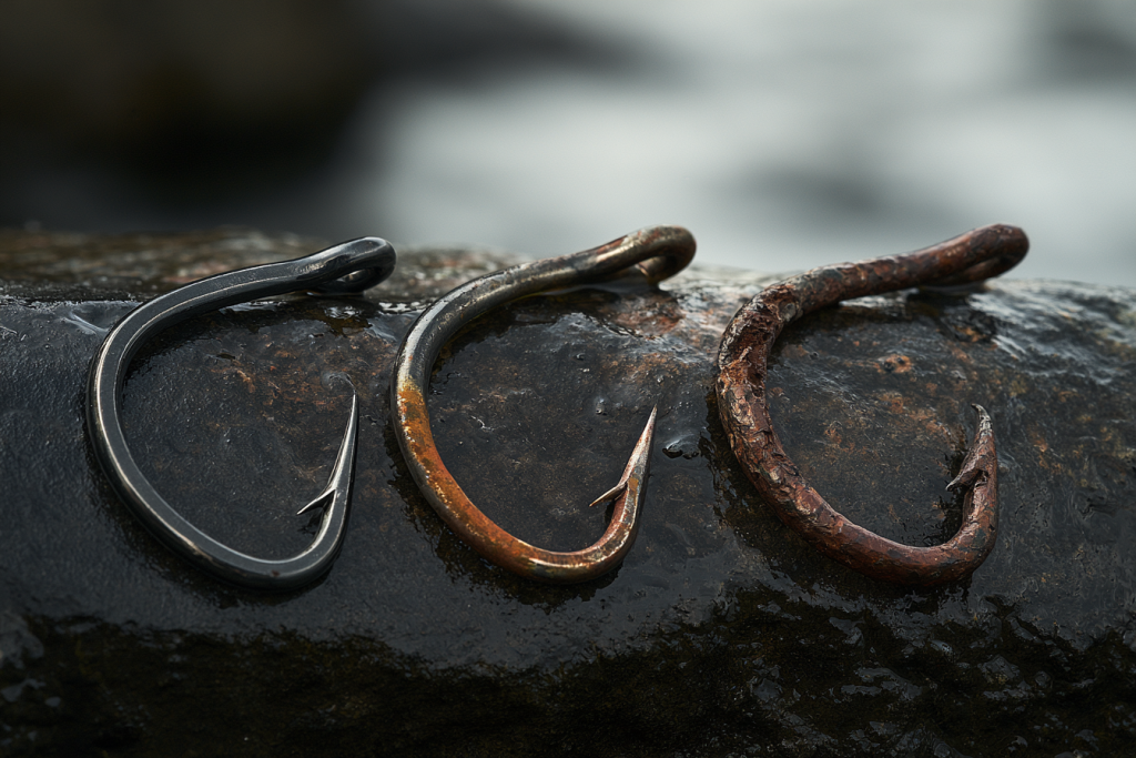 Fishing hooks showing different stages of rust and corrosion