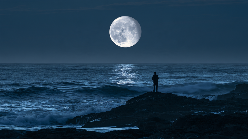 Fishing on a full moon saltwater from a rocky shoreline at night