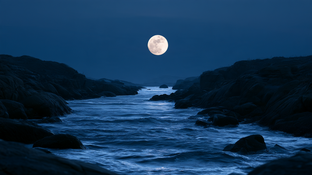Moving saltwater tide through a coastal inlet under a full moon