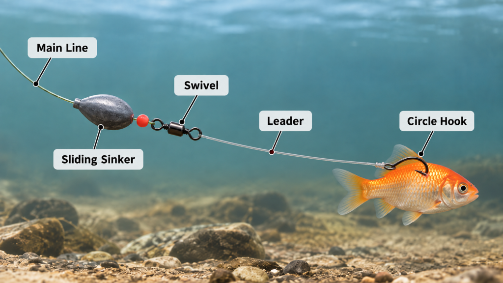 Simple bottom rig for catfishing with goldfish