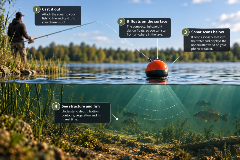 Diagram showing how a castable fish finder sends sonar from the water surface to the lakebed