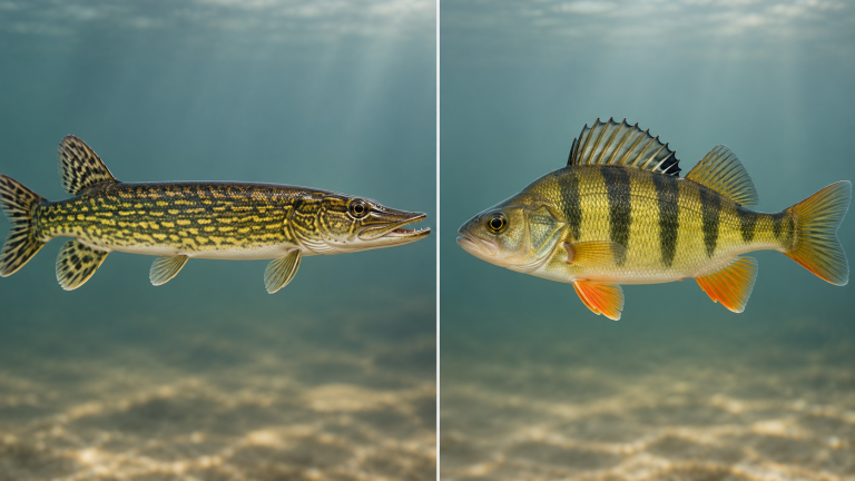 Pickerel vs perch comparison showing a chain pickerel and yellow perch