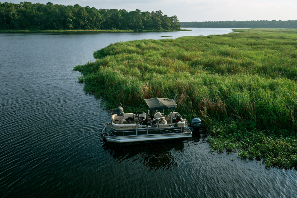 Pontoon boat positioned parallel to a weed edge while bass fishing