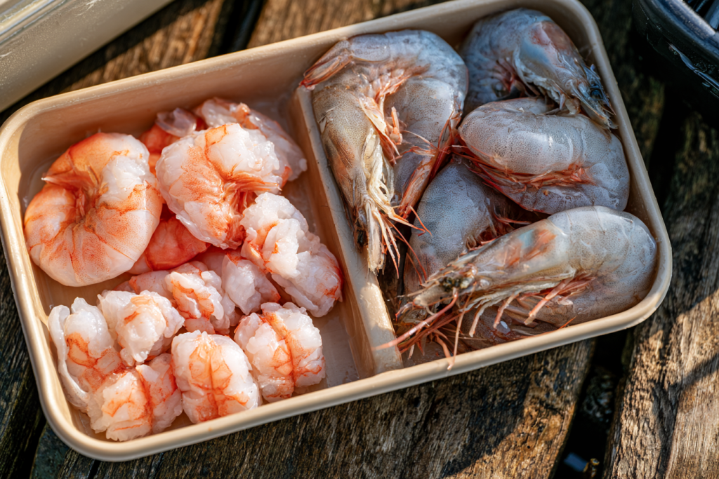 Whole and cut raw shrimp prepared for catfish bait