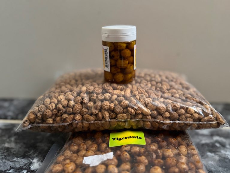 Why are tiger nuts banned at some fisheries? Dry and prepared tiger nuts shown together.