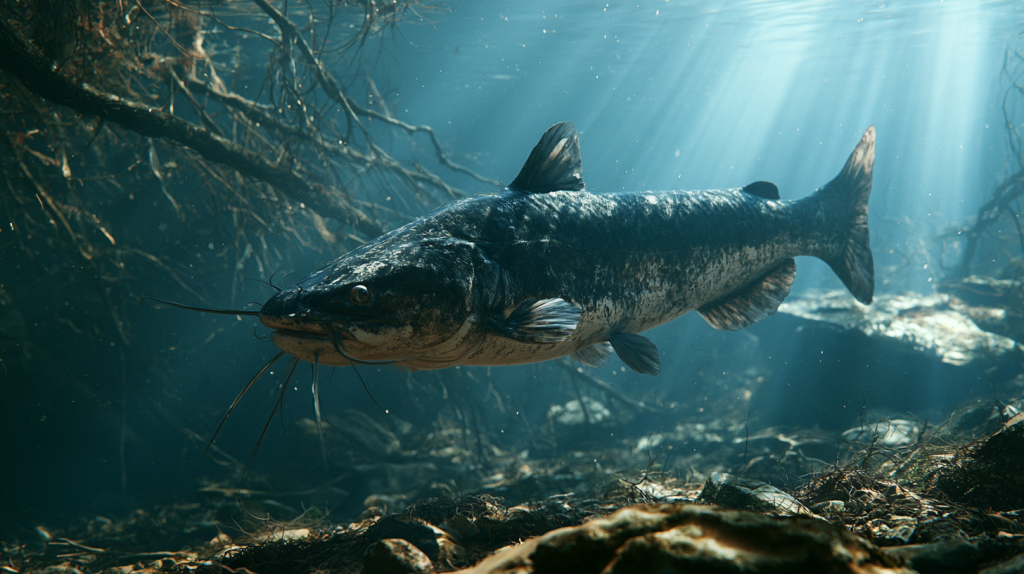 Catfish underwater near the riverbed with its pectoral fin clearly visible