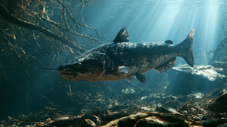 Catfish underwater near the riverbed with its pectoral fin clearly visible