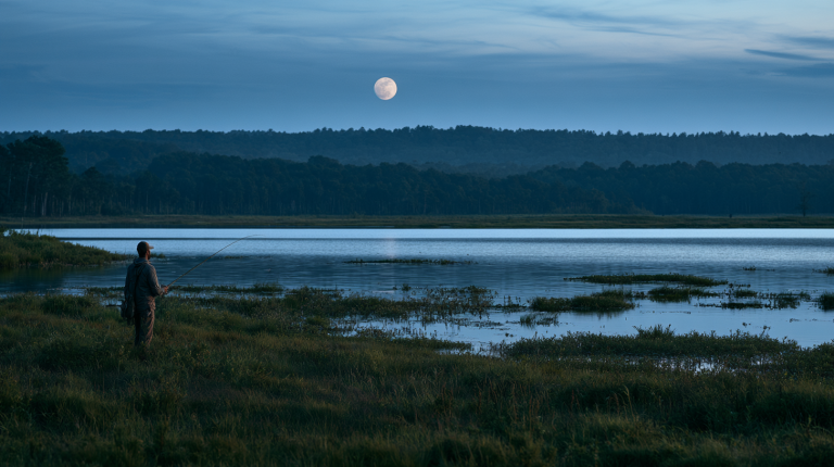 Freshwater bass fishing habitat at night, featuring submerged vegetation, dock pilings, and shallow shoreline cover.