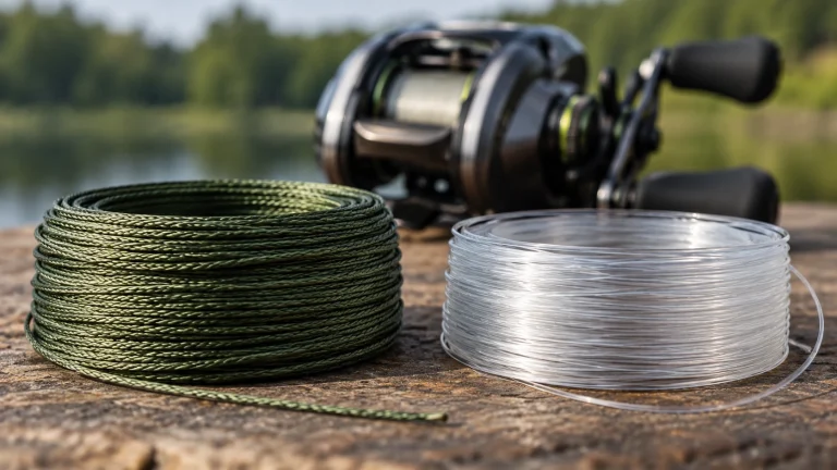 Braid or mono for baitcaster comparison showing braided and monofilament fishing line beside a baitcasting reel