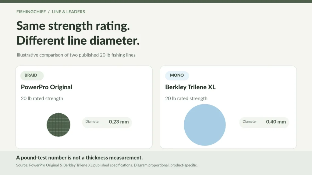 Comparison of 20 lb braided fishing line at 0.23 mm and 20 lb monofilament at 0.40 mm, showing their different diameters.