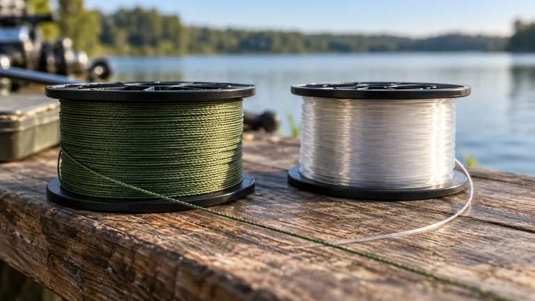 Braid to mono equivalent comparison showing green braided fishing line and clear monofilament on separate spools.