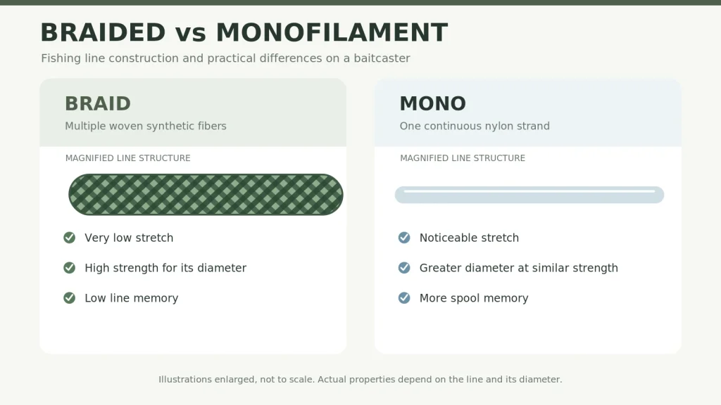 Braided fishing line and smooth monofilament line construction diagram comparing line structure for baitcaster fishing