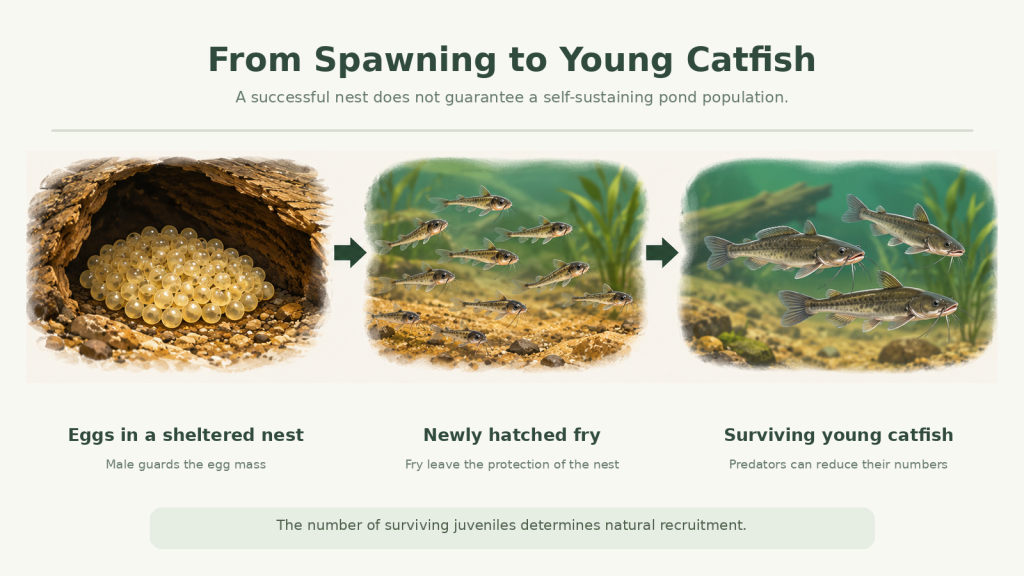 Catfish reproduction stages in a pond, from eggs in a sheltered nest to newly hatched fry and surviving juvenile catfish.