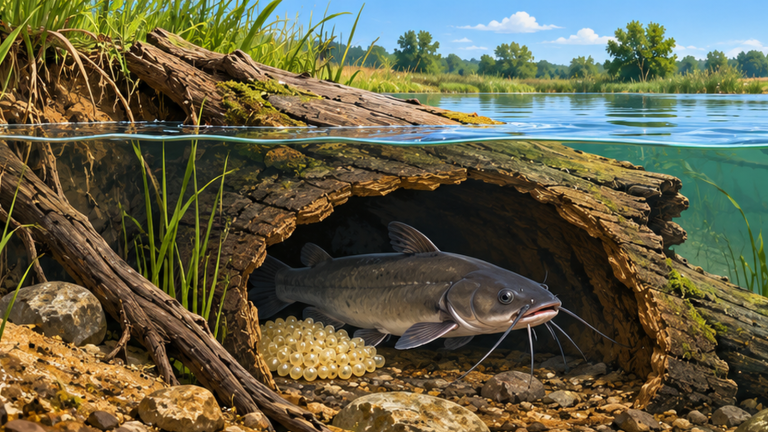 Do catfish spawn in ponds? Illustration of a channel catfish guarding eggs inside a protected nesting cavity.