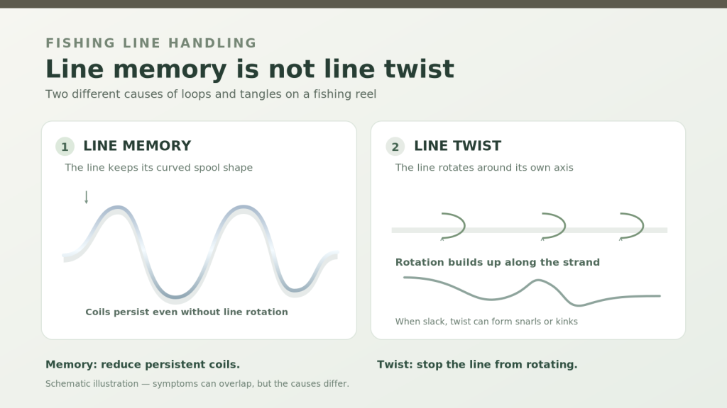 Fishing line memory vs line twist diagram showing the difference between retained spool coils and twisted fishing line.