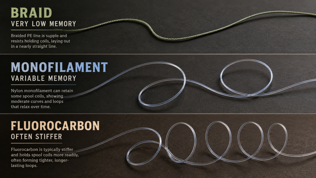 Fishing line with no memory comparison showing braided line, monofilament and fluorocarbon with different levels of coiling.