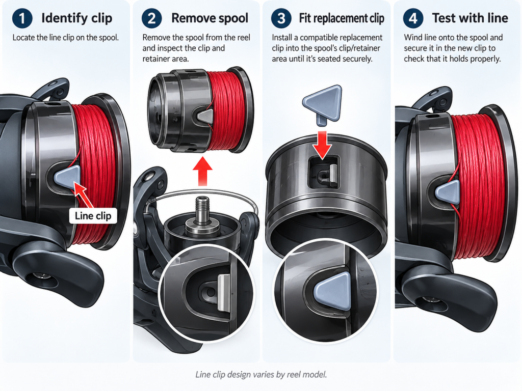 Fishing reel line clip replacement diagram showing four steps to identify, remove, replace, and test a spool line clip