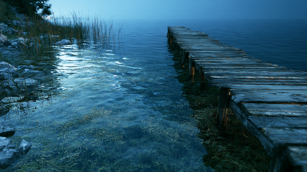 Shallow freshwater bass habitat with submerged vegetation, reeds, and a wooden dock during evening twilight.