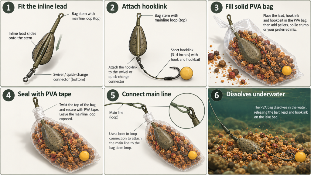 How to attach PVA bag rig to main line – step-by-step illustration showing the bag stem, inline lead, hooklink, PVA bag preparation, mainline connection, and underwater presentation.