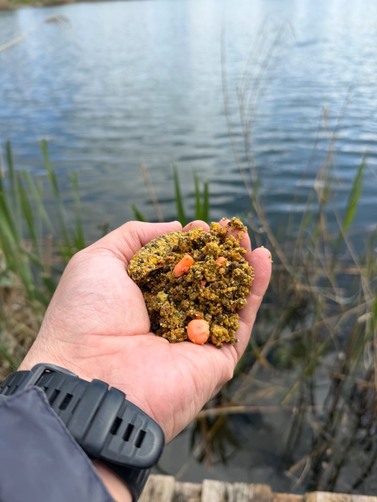 Fishing bait held beside the water during a simple beginner fishing session